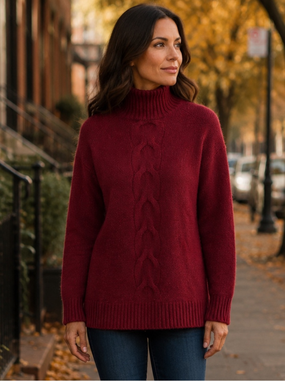 Garnet Hill 100% Cashmere Cable-Detail Tunic Sweater Mockneck - Merlot Red XS